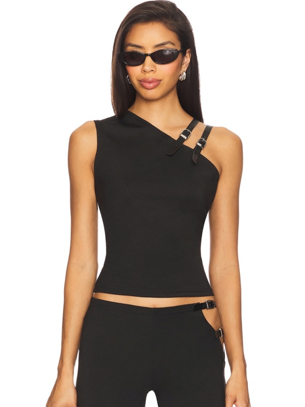 Lioness Black One-Shoulder Buckle Crop Top